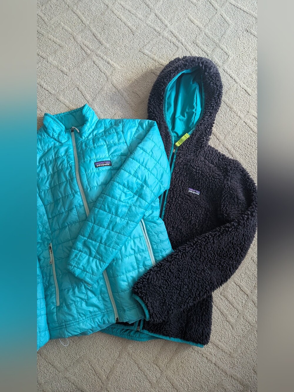 Women's Patagonia Teal Quilted Puffer and Black Sherpa Hoodie Set